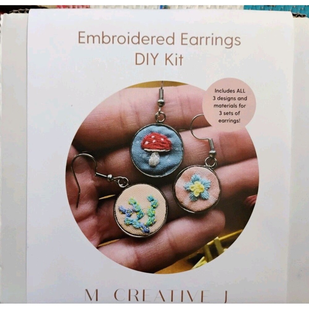 M Creative J Embroidered Earrings DIY Kit Makes 3 Sets Mushroom Floral Craft